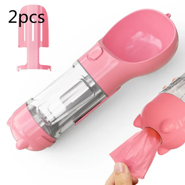 Pet Water Bottle Feeder Bowl Garbage Bag Storage Portable Pet Outdoor Travel 3 In 1 Dog Water Bottle Pink 2Pcs - Shop at LoveMi