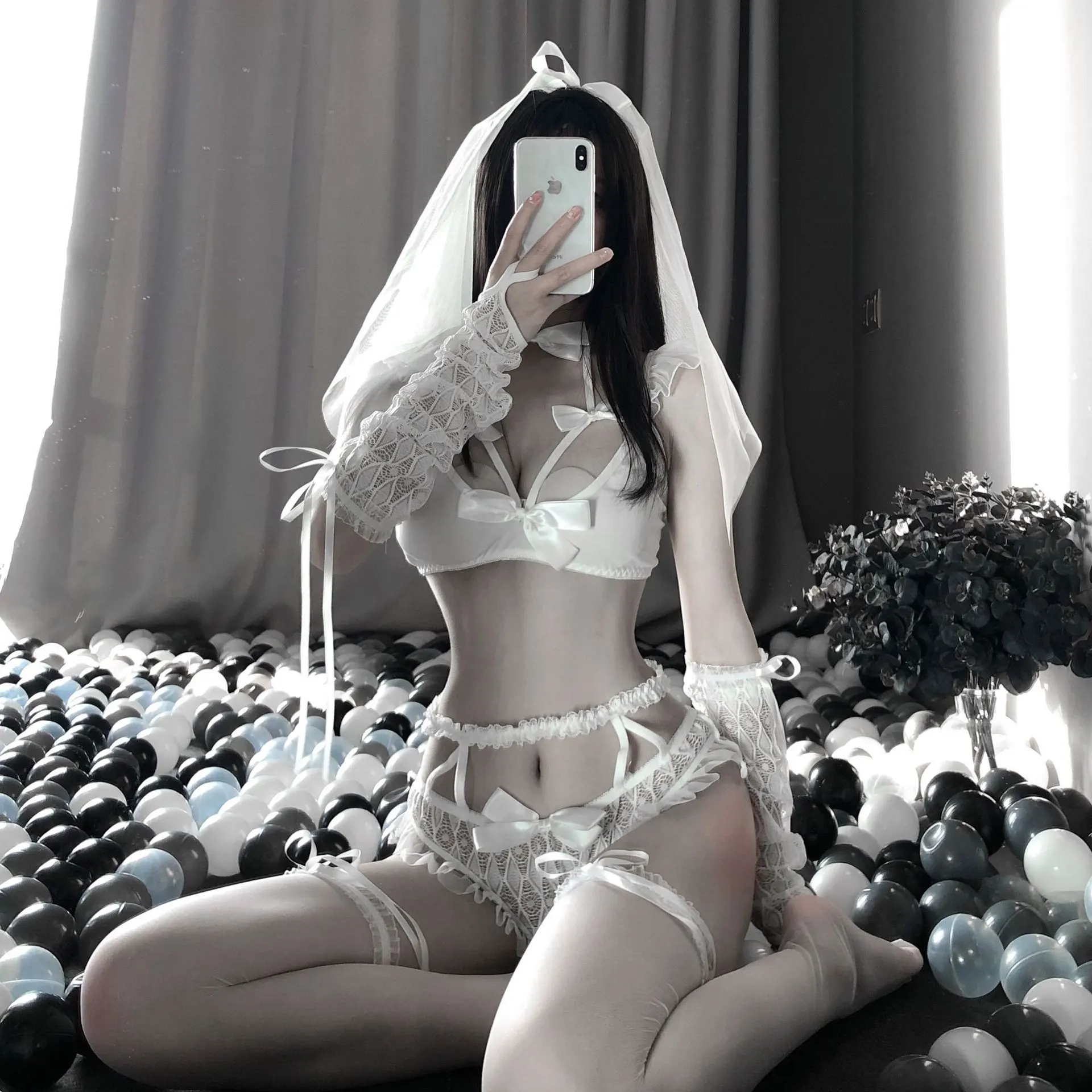 New Sexy Lingerie Sexy Three-Point Lace Bridal Dress With Breastless Bow - White With Sock
