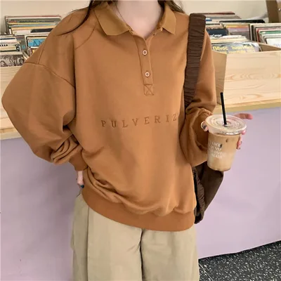 All Match Loose Embroidery Polo Collar Long Sleeves Brown - Shop at LoveMi