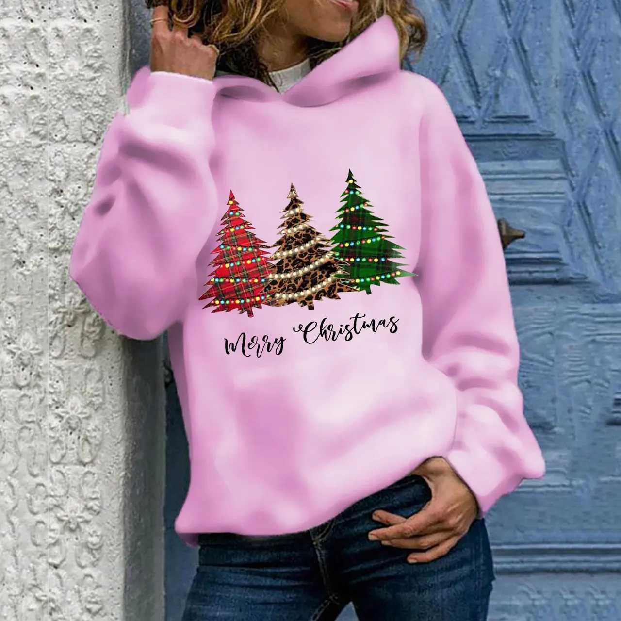 Christmas Merry Christmas Christmas tree hooded sweater large size loose top - Pink