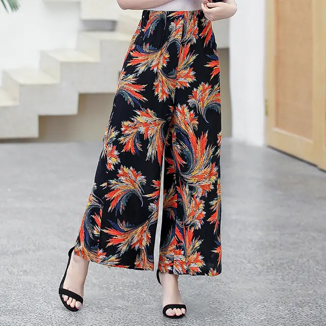 Elastic Waist Mother Wide Leg Pants Floral Pants - 15 Style