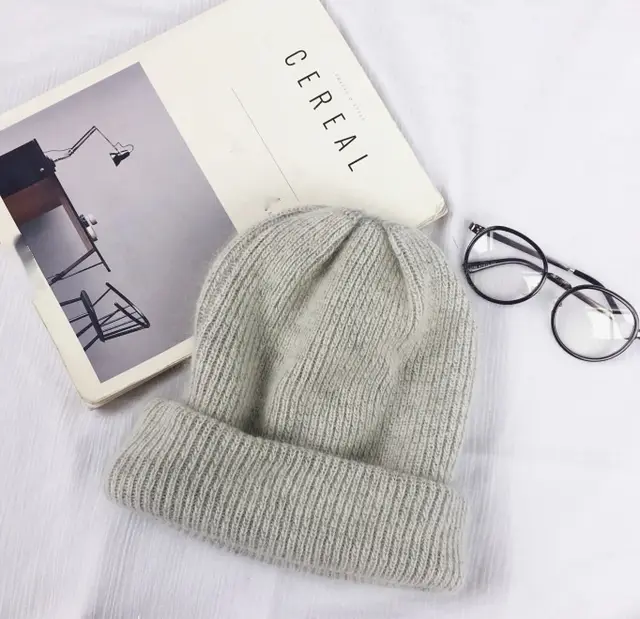 Autumn Winter Rabbit Hair Winter Skullies Hat - Grey