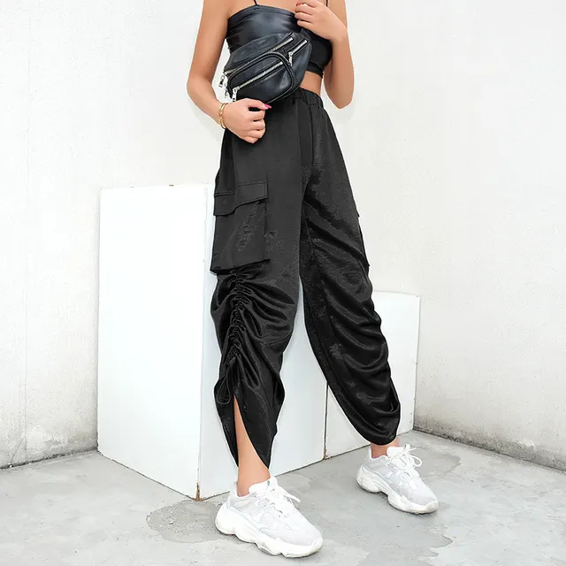 Drawstring shiny loose overalls - Black