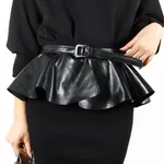 Ruffled Black Extra-Wide Waist Belt Skirt - Black Plain Weave