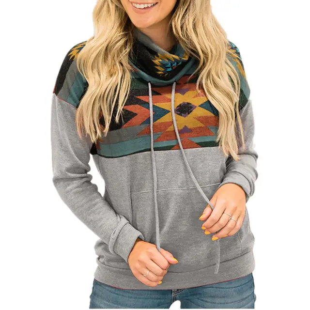 Loose Printed High Neck Hooded Sweater Women - Grey
