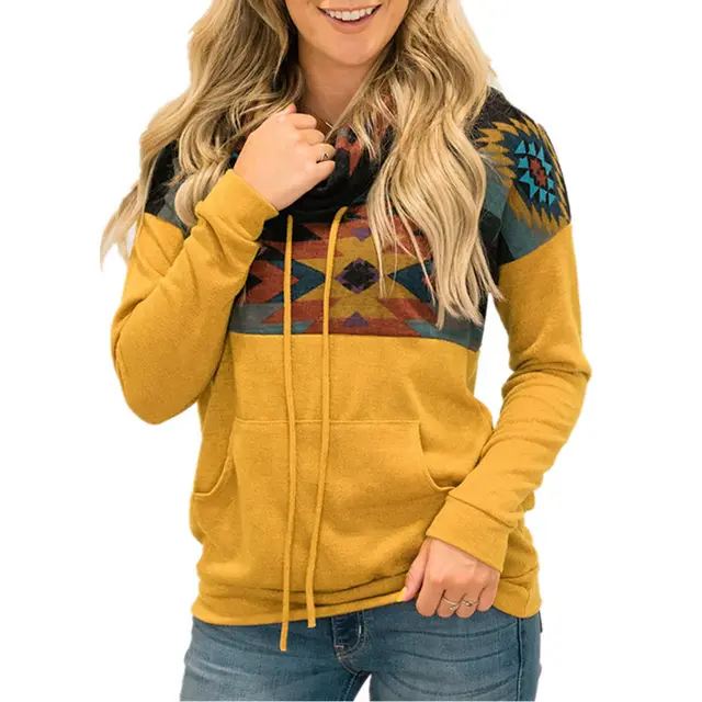 Loose Printed High Neck Hooded Sweater Women - Yellow