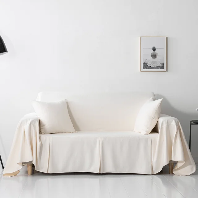 Simple solid color full cover thick sofa towel - Cream Color