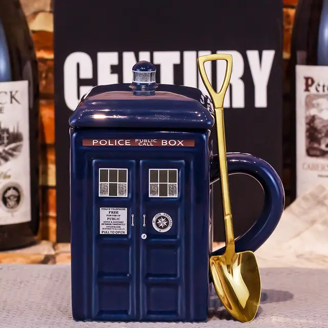 Police Box Ceramic Cup With Lid For Tea Coffee Mug - Square Set