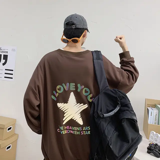 Reflective sweater loose round neck men's sweater - Brown