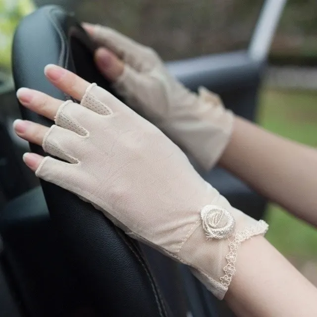 Semi Finger Lace Sunscreen Gloves Female Summer Ice Silk Half Fingers Anti Slip Driving Thin Anti UV Fashion Women Mittens TB54 Beige - Shop at LoveMi