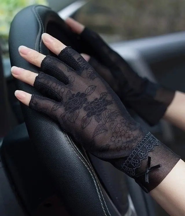 Semi Finger Lace Sunscreen Gloves Female Summer Ice Silk Half Fingers Anti Slip Driving Thin Anti UV Fashion Women Mittens TB54 Black C - Shop at LoveMi