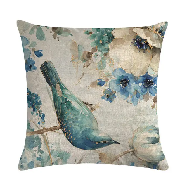 Blue style oil painting bird and flower pillow - 2 Style