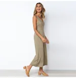 V-neck button backless jumpsuit - Khaki