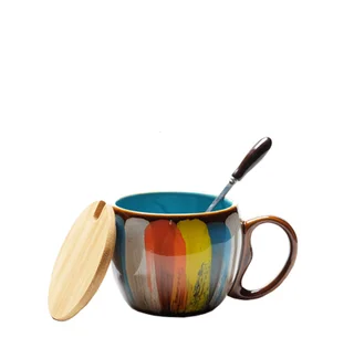 Creative ceramic cup milk cup water cup coffee cup breakfast cup couple cup to cup mug with lid spoon - Blue