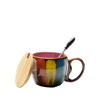 Creative ceramic cup milk cup water cup coffee cup breakfast cup couple cup to cup mug with lid spoon - Pink