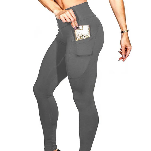 Mobile phone pocket leggings female solid color high elastic yoga hip high waist yoga pants Gray Grey - Shop at LoveMi