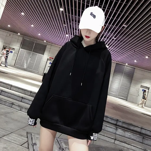 Solid color letter embroidery plus velvet sweatshirt Black - Shop at LoveMi