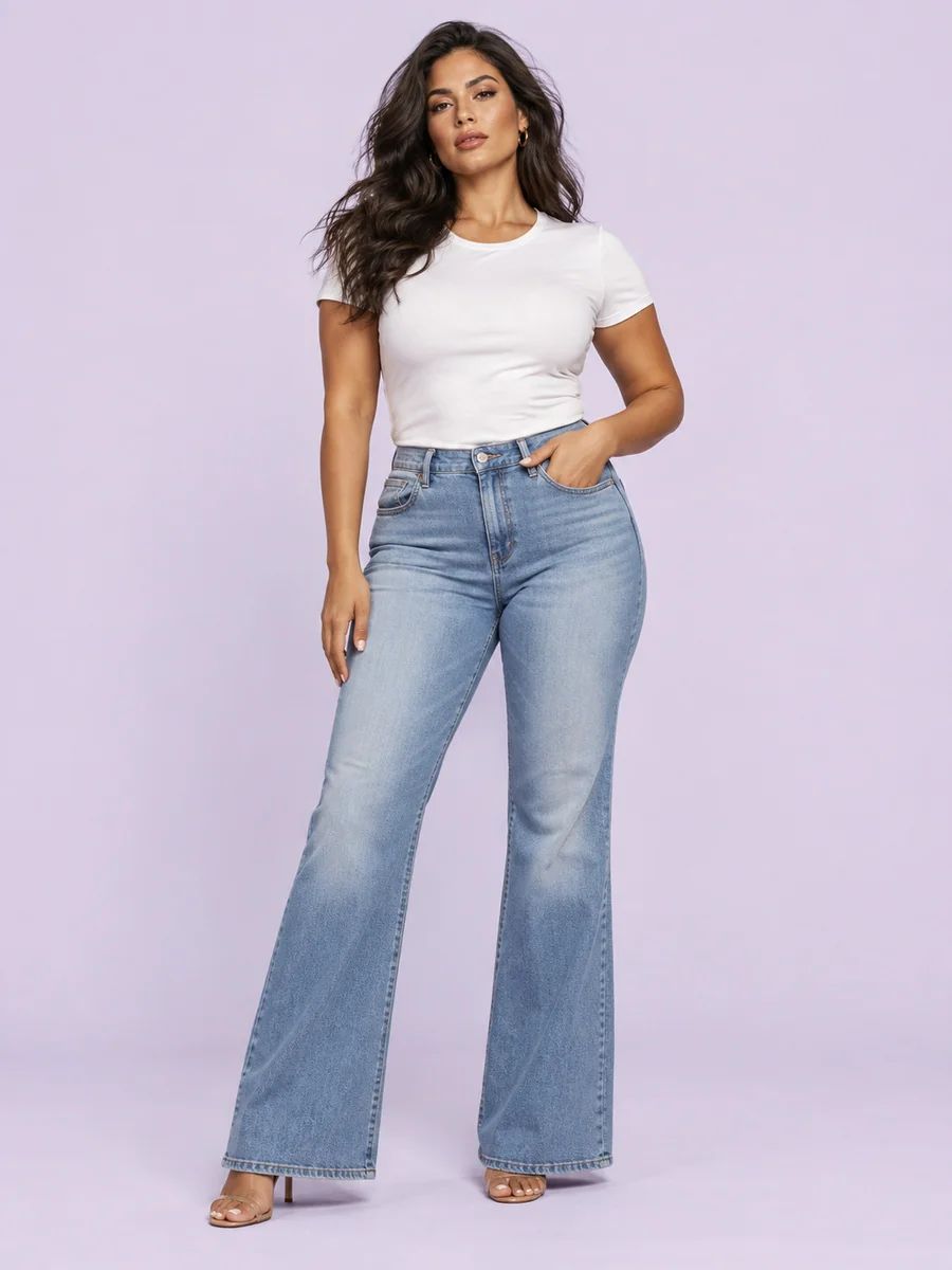 Light-wash high-rise flare jeans with a white tee