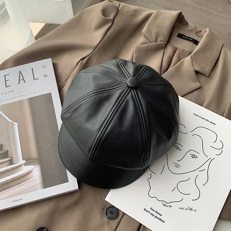 Leather Beret Octagonal Hat Female Autumn And Winter Black - Shop at LoveMi