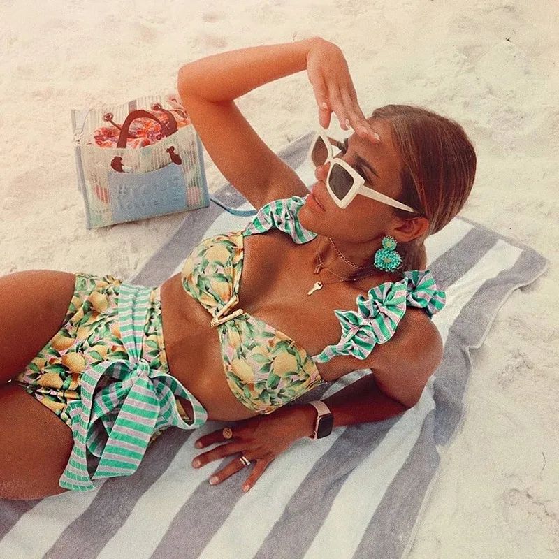 Big Ruffled Strappy Bikini High Waist Swimsuit A S - Shop at LoveMi