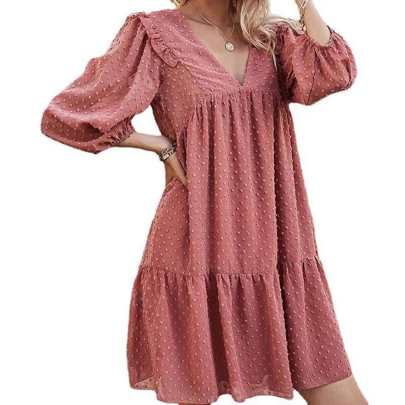 Spring And Summer New Product V Neck Solid Color Lantern Sleeve Dress Spring And Summer New Product - Shop at LoveMi
