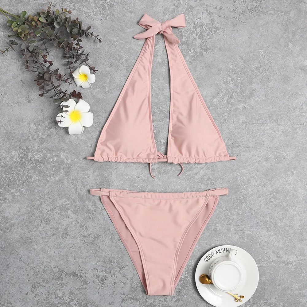 New Fashion Bikini European And American Sexy Bikini Solid Color Cross Pink - Shop at LoveMi