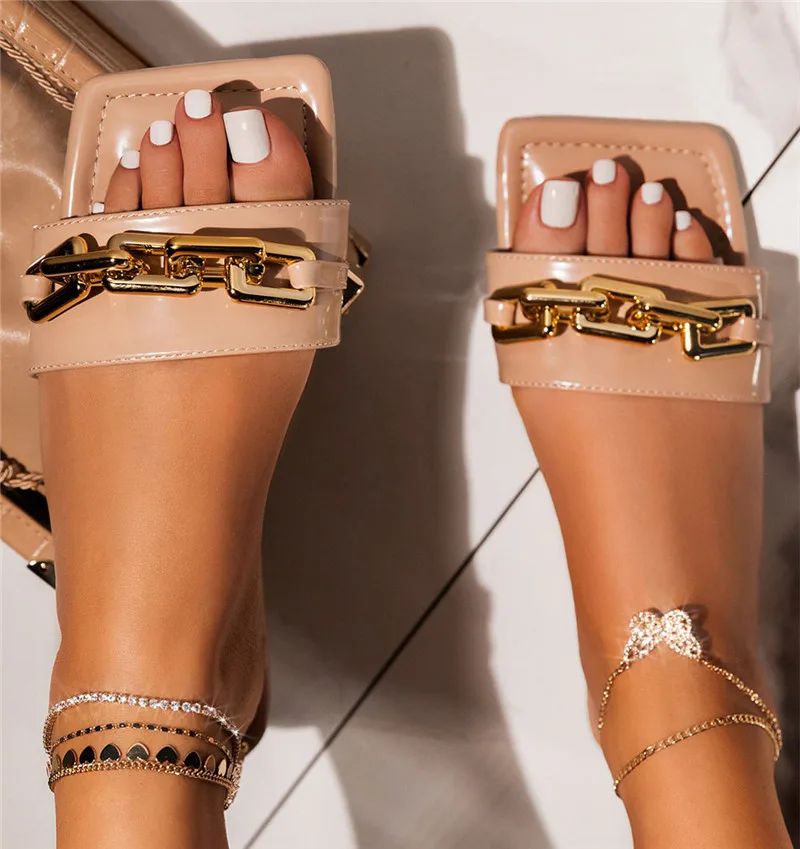 Women's Slippers Square Toe Flat Shoes Chain Sandals Khaki - Shop at LoveMi