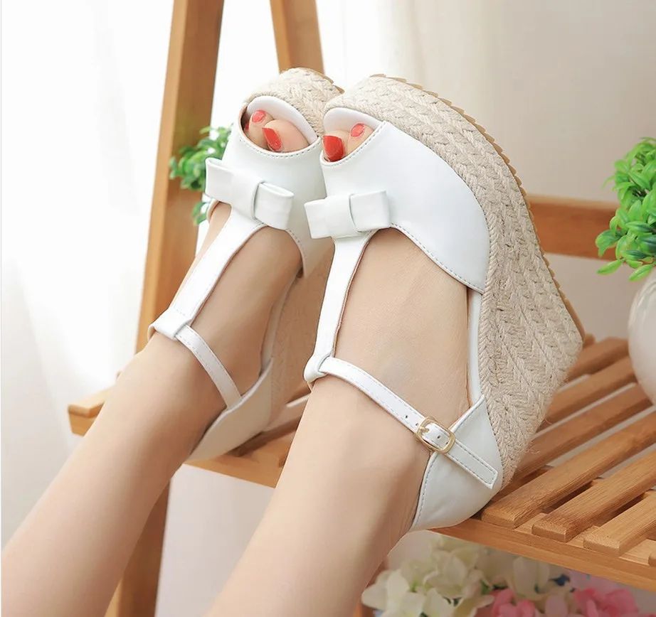 Sandals Women Summer Straw Woven Wedge High Heel Sandals Waterproof Platform Platform Sandals Fish Mouth T Buckle White - Shop at LoveMi