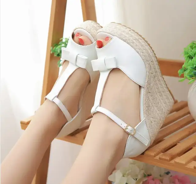 Sandals Women Summer Straw Woven Wedge High Heel Sandals Waterproof Platform Platform Sandals Fish Mouth T Buckle White - Shop at LoveMi