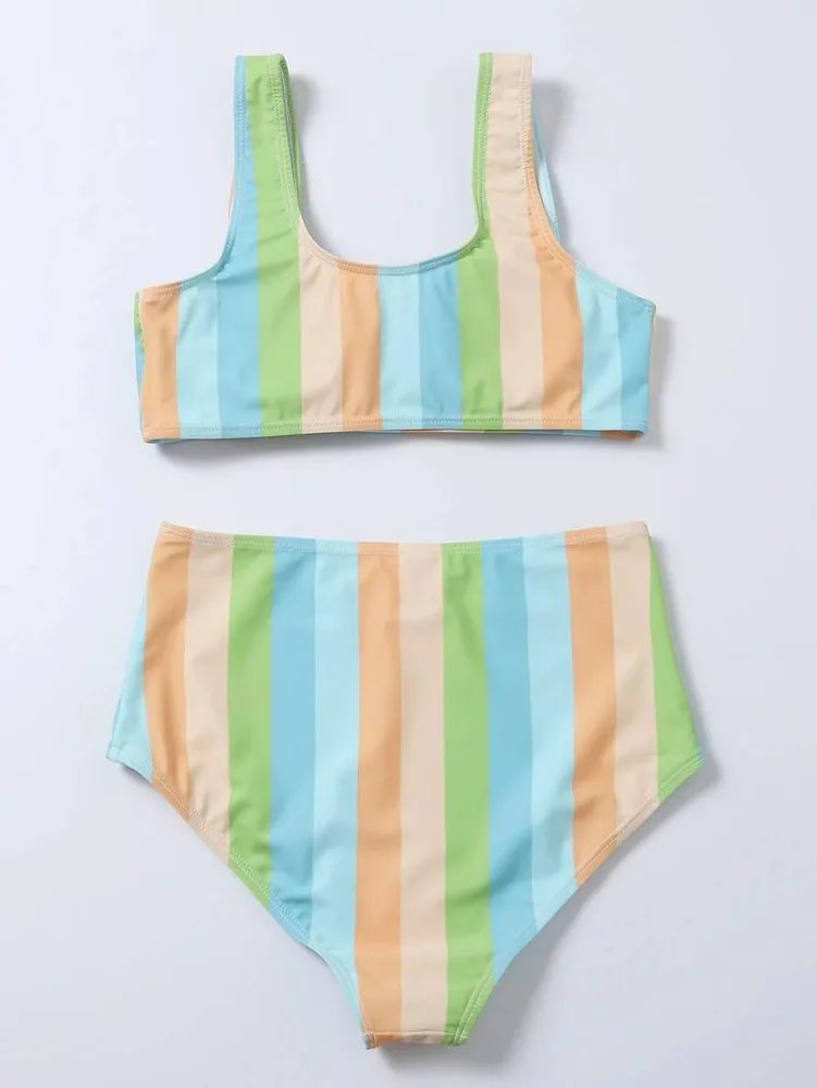 Striped Print Bikini High Waist Swimsuit Green - Shop at LoveMi