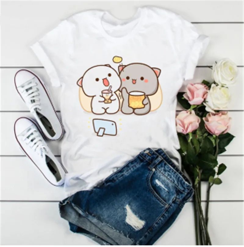 Cute Cat Cartoon Print Loose Casual Student T shirt Q - Shop at LoveMi