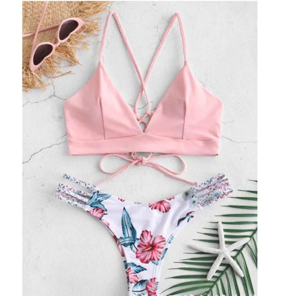 Braided Rope Bikini Swimsuit Printed Bikini Swimsuit Pink - Shop at LoveMi