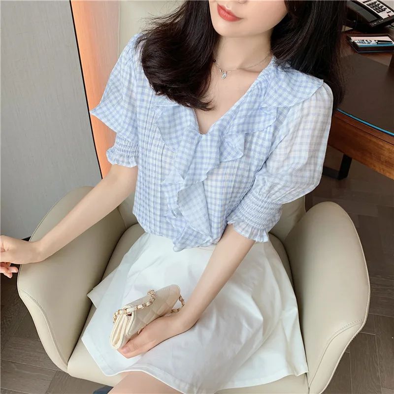 V neck Plaid Super Fairy Puff Sleeve Ruffled Chiffon Shirt Women Blue - Shop at LoveMi