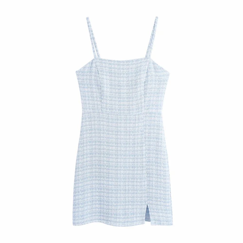 Tweed Pour Femmes, Summer Textured Mini Sling Dress Light Blue - Shop at LoveMi