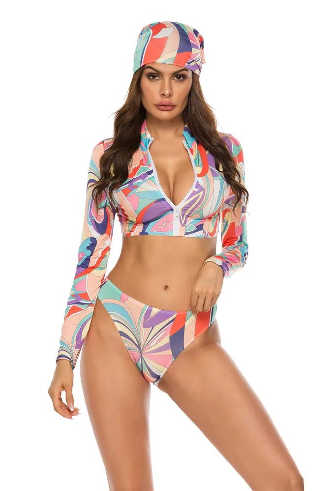 Conservative Print Bikini Ladies Split Body Long Sleeve New Swimsuit Swimwear 8 4Xl - Shop at LoveMi