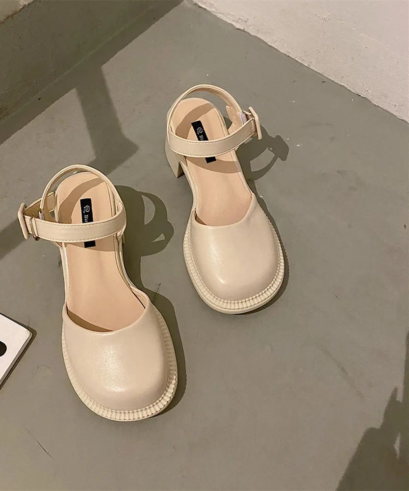 Baotou Sandals Lady Style High heeled Gentle Mary Jane Single Shoes Beige - Shop at LoveMi
