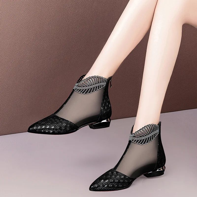 Soft Leather Flat Heel Net Boots Women''s Hollow Flat Bottom Sandals 1Style 37 - Shop at LoveMi