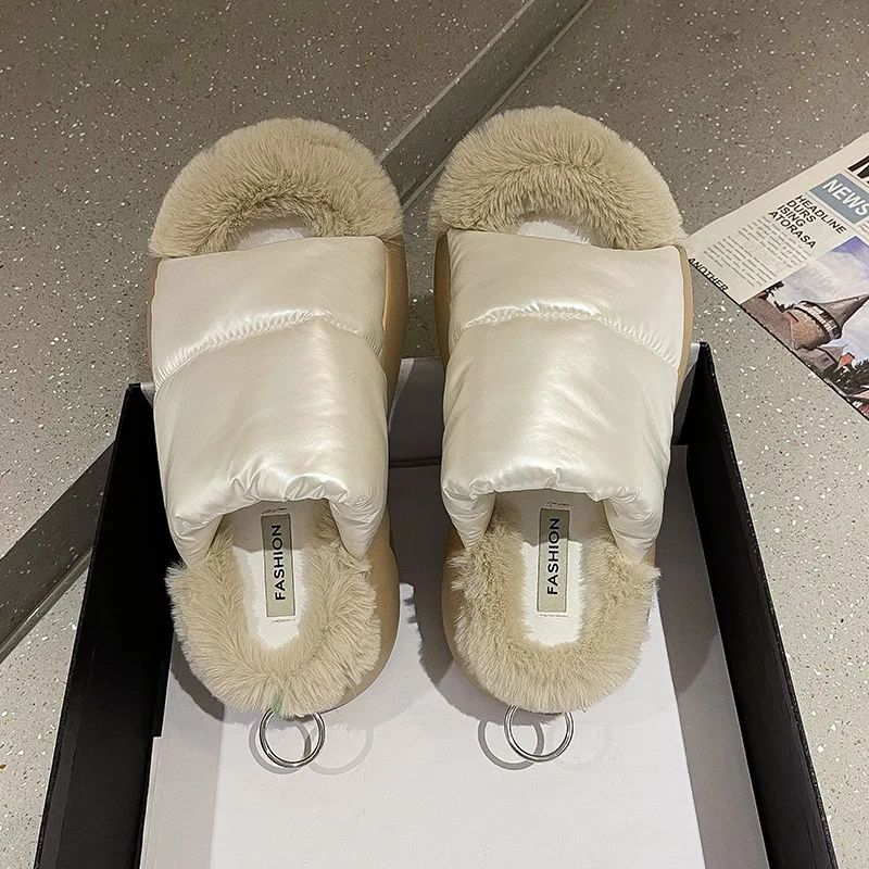 Thick Soled Warm Down Plush Slippers For Women's Outer Wear Toed Flip Flops White - Shop at LoveMi