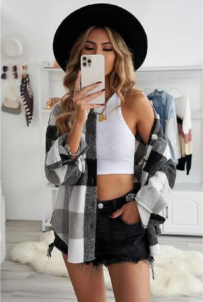 Casual Long sleeved Lapel Loose fitting Blouse Plaid Woolen Coat Grey - Shop at LoveMi