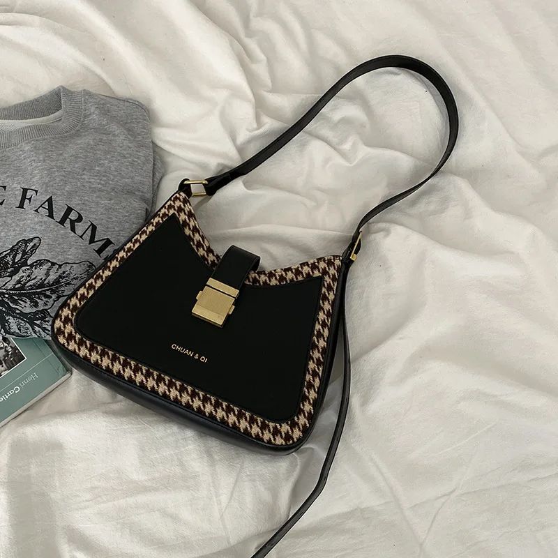 Houndstooth Crossbody Shoulder Bag Under Arm Black - Shop at LoveMi