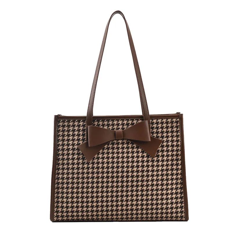 Bow Houndstooth Trendy Women's Shoulder Bag Coffee - Shop at LoveMi
