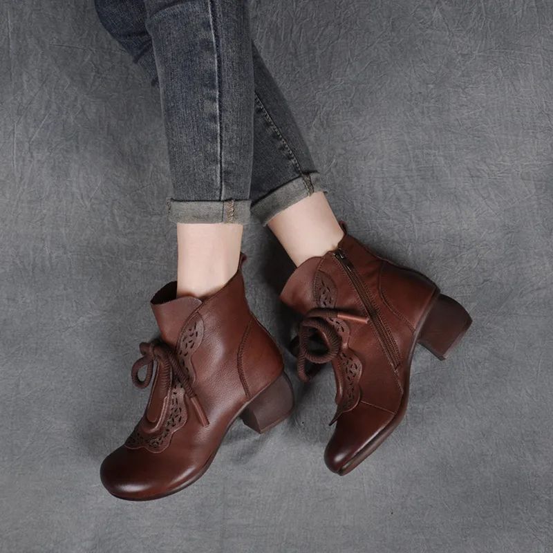 Autumn And Winter New National Style Cowhide Ankle Boots Brown - Shop at LoveMi
