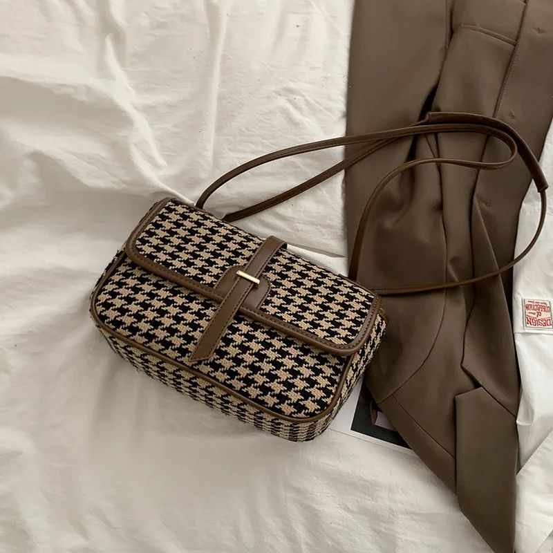 Houndstooth Small Square Bag Women's Trendy Fashion Brown - Shop at LoveMi