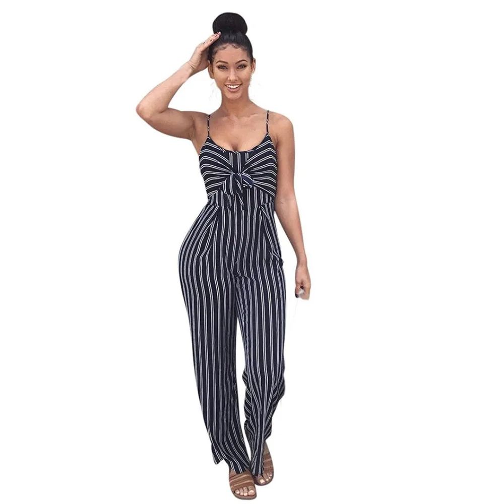 Ladies Sexy Striped Suspender Wide leg Jumpsuit Black - Shop at LoveMi
