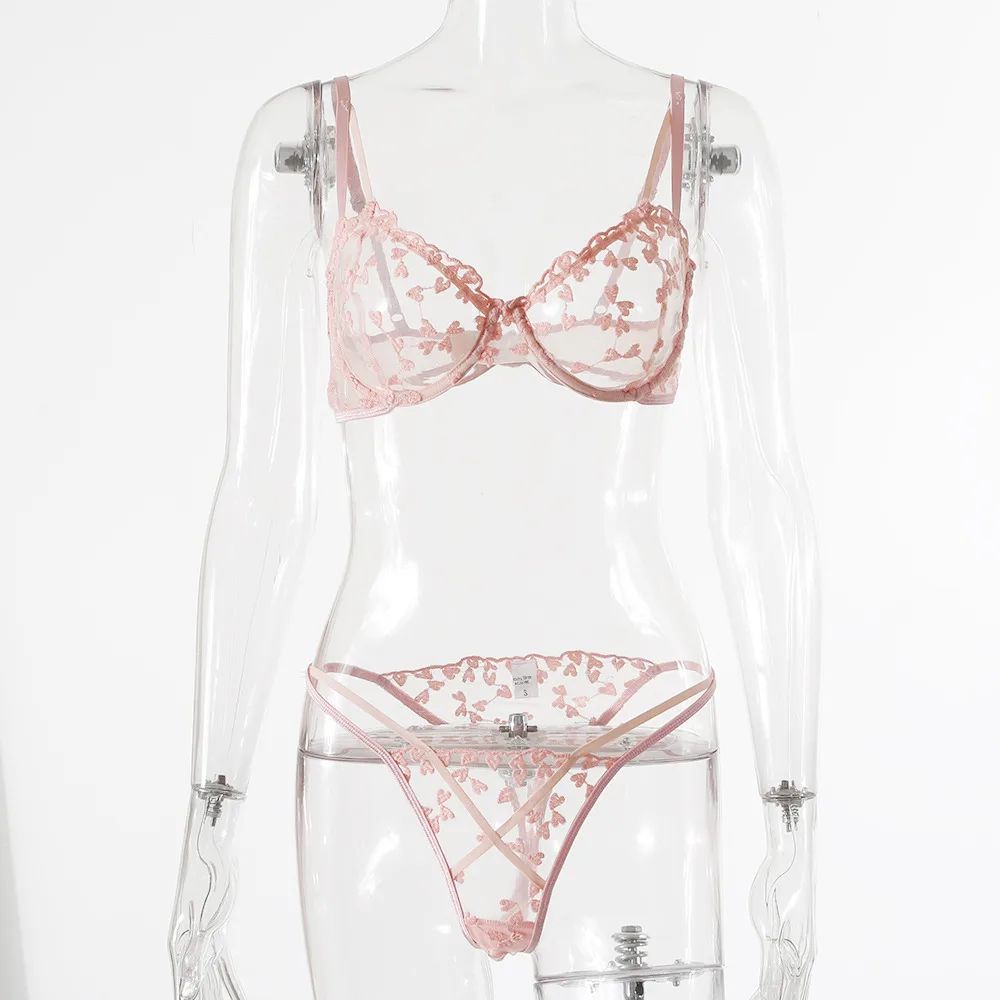 European And American Women's Crochet Lace Perspective Bow Lingerie Pink - Shop at LoveMi