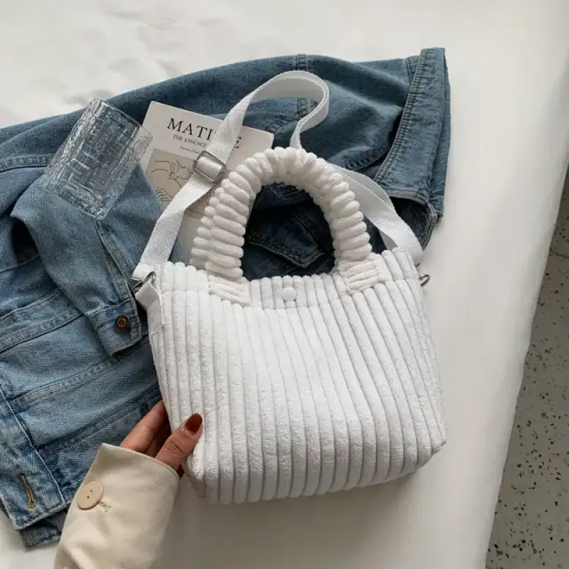 Autumn And Winter Plush Cute Furry Handbag Tote Bag White - Shop at LoveMi