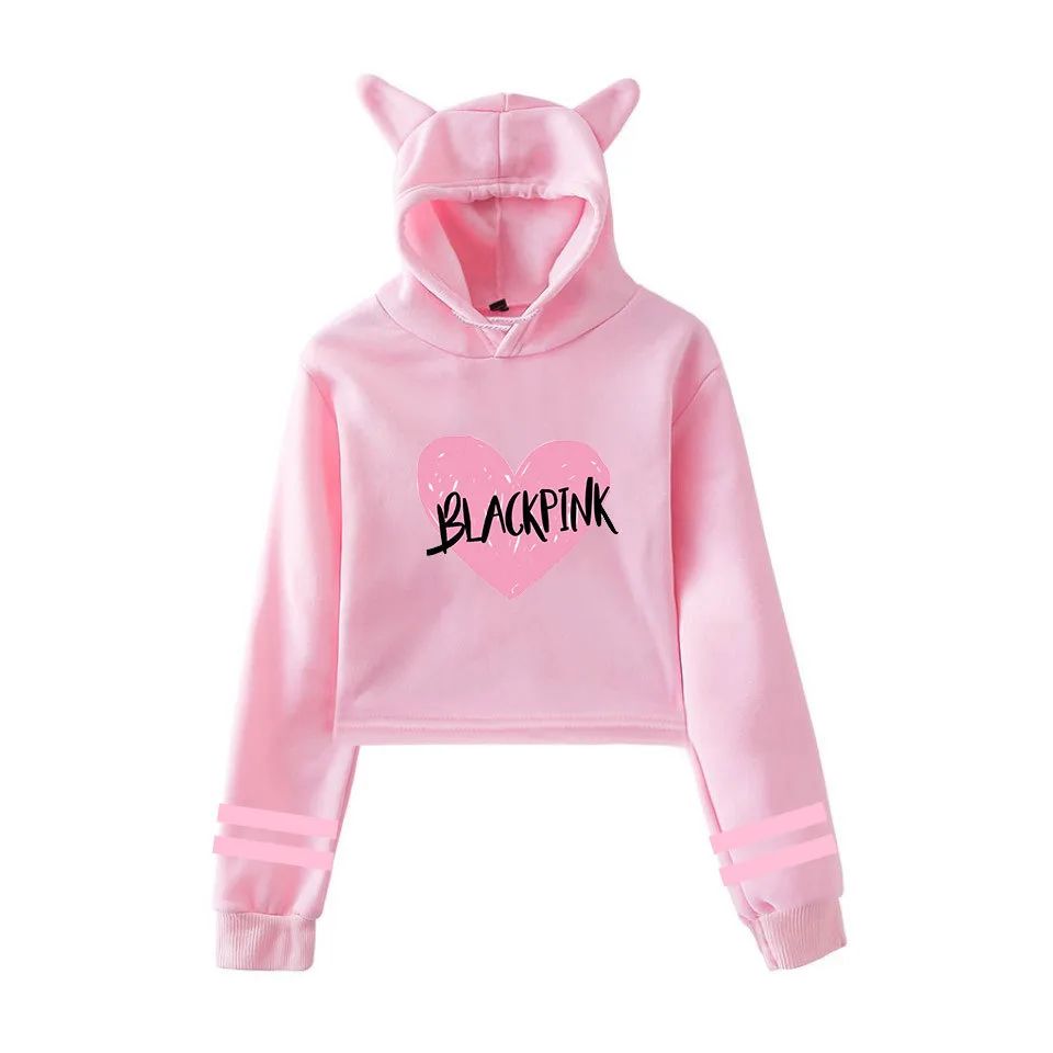 Printed Cat Ears Casual Crop Hood Sweatshirt Pink - Shop at LoveMi