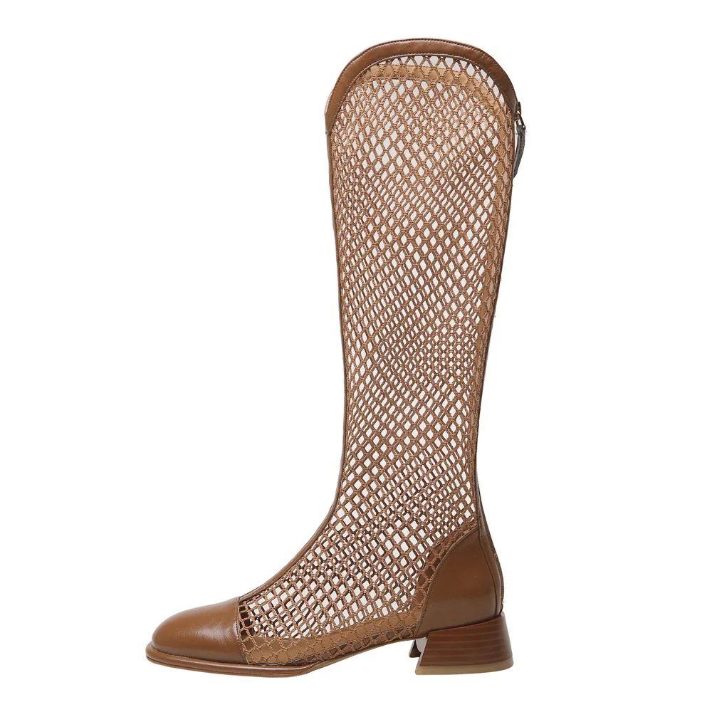 Women's Chunky Heel Square Toe Mesh Tall Boots Back Zip Brown - Shop at LoveMi