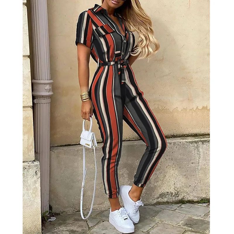 Casual Lapel Button Print Belt Cargo Jumpsuit Grey - Shop at LoveMi