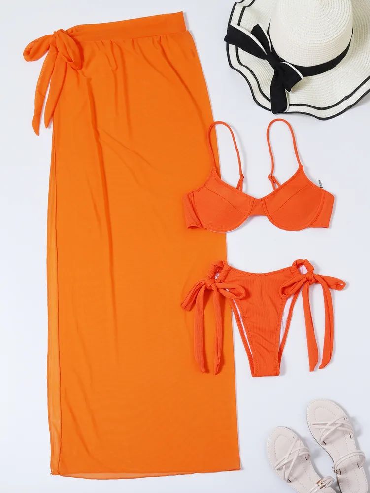 Three Piece Mesh Skirt Bikini Orange - Shop at LoveMi